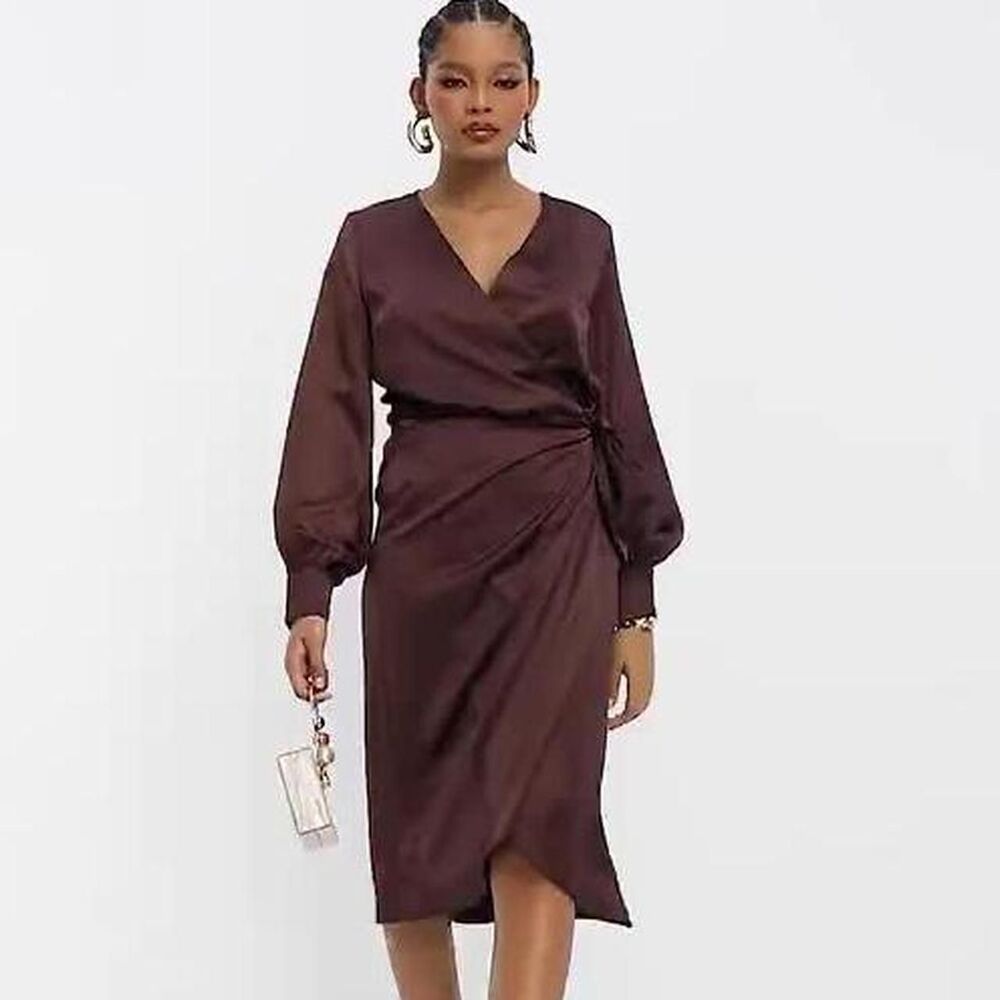 Never Fully Dressed Satin Long Sleeve Wrap Midi Dress Chocolate Brown Size 12